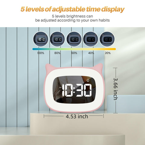 Kids Alarm Clock with Night Light & 18 Ringtones,Rechargeable,Cute Cat Ear Clock for Boys Girls Birthday Presents,Digital Clock for Children's Bedroom(Pink)