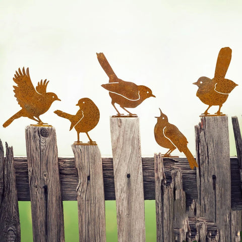 Metal Yard Art, Yard Decorations Outdoor, Metal Bird Wall Art, Fence Decorations Outdoor, Rustic Garden Decor, Garden Sculptures Statues, Bird Lover Gifts (Pack of 5)