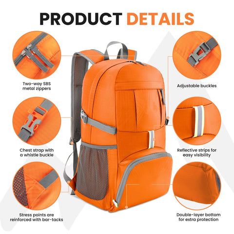 35L Ultralight Lightweight Packable Foldable Travel Camping Hiking Outdoor Sports Backpack Daypack（orang)