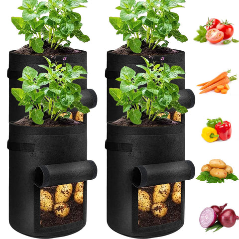 Potato Grow Bags with Flap 4 Gallon, Planter Pot with Handles and Harvest Window for Potato Tomato and Vegetables, Black 4 Pcs