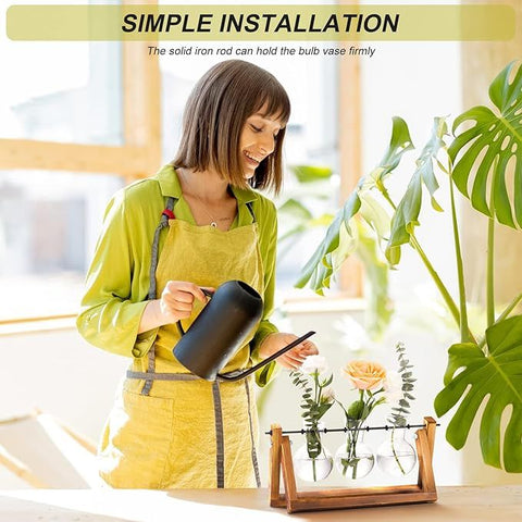 Plant Terrarium with Wooden Stand, Air Planter Bulb Glass Vase Metal Swivel Holder Retro Tabletop for Hydroponics Home Garden Office Decoration - 3 Bulb Vase