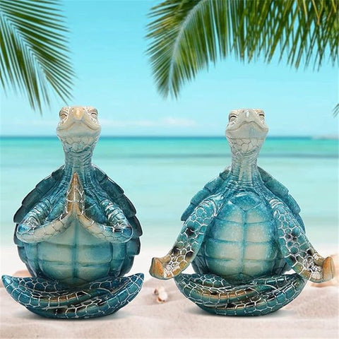 2-Pack Yoga Sea Turtle Figurines - Resin Meditation Desk Statue Decor with Non-Slip Base Zen Ocean Theme Table Shelf Sculptures Beach Bathroom Office Decoration Gifts for Women Turtle Lovers