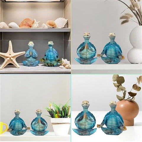2-Pack Yoga Sea Turtle Figurines - Resin Meditation Desk Statue Decor with Non-Slip Base Zen Ocean Theme Table Shelf Sculptures Beach Bathroom Office Decoration Gifts for Women Turtle Lovers