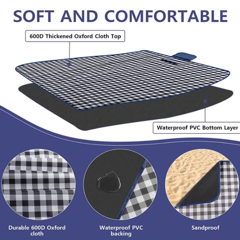 Picnic Blanket Waterproof Beach Rug 150*100cm Picnic Mat Washable Lightweight with Handle Navy Blue Checkered for Hiking Travelling Outdoor Camping,Parks（Darke Blue）