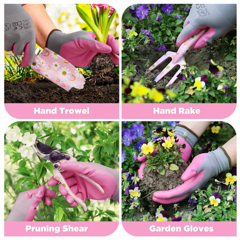 Garden Tool Set, 3PCS  Gardening Tools with Box Include Trowel, Rake, Pruner, Gloves, Pink, Gifts-Pink