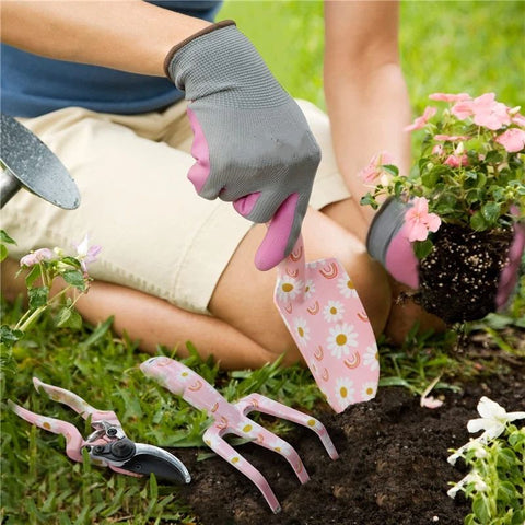 Garden Tool Set, 3PCS  Gardening Tools with Box Include Trowel, Rake, Pruner, Gloves, Pink, Gifts-Pink