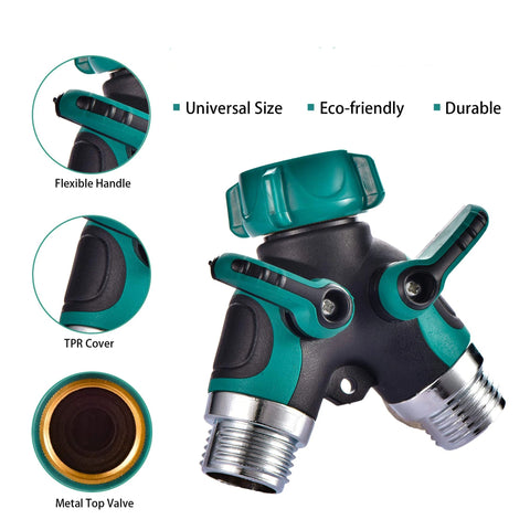 Hose Splitter 2 Way Heavy Duty Outdoor Faucet and Garden Connector - Water Spigot Splitter - Durable All-Metal Adapter（Interface diameter 2.5cm, height 9cm),Dark Green ,2pcs