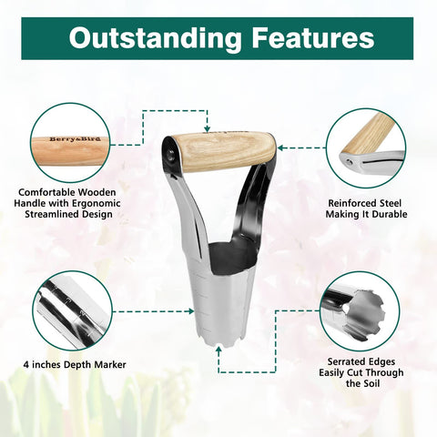 Steel Bulb Planter Tool for Planting Bulbs - High Carbon Steel & Comfortable Wood Carved Handle - Depth Marker for Consistent Planting Flowers Tulips, Daffodils, Dahlias (2pcs，24*11.5*6cm)