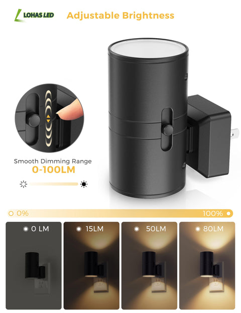 Night Lights Plug into Wall, Dimmable Night Light Plug in, Modern Night Lights with Dusk to Dawn Light Sensor, Soft White 3000K, Adjustable Brightness Nightlight for Hallway Bedroom, 2 Pack，4.8*8.8cm