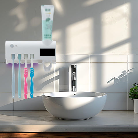 Toothbrush Holder for Bathroom 5 Toothbrush Slots Toothbrush Holder Wall Mounted with Toothpaste Dispenser Chargeable Tooth Brushing Holder (White induction model)