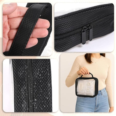 Travel Jewelry Organizer Case,Jewelry Bags for Traveling, Jewelry Binder with6Pcs Clear Zipper Velvet Pouches for Storing Earrings, Ring(Black，20*25*8cm)