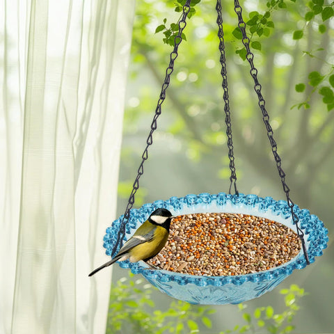 Bird Bath Hanging Seed Feeder Garden Plate Hanging Tray for Wild Backyard Attracting Birds (Blue- single layer)