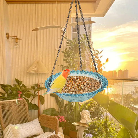 Bird Bath Hanging Seed Feeder Garden Plate Hanging Tray for Wild Backyard Attracting Birds (Blue- single layer)