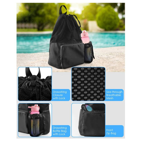 Swim Bag Beach Backpack with Wet Pocket Mesh Drawstring Bags for Swimming, Gym(Expand size 40 * 47cm,black)
