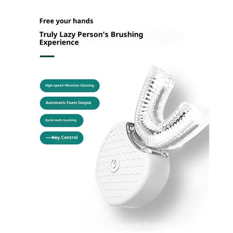 Ultrasonic U-Shaped Toothbrush for Teeth Whitening, Electric Toothbrush For Adults - 360° Mouth Cleansing, Hands Free Gums Protection - Wireless Charging & LED Light -Waterproof white+Base