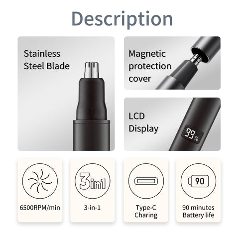 Nose and Ear Hair Trimmer for Men - Rechargeable Eyebrow Face Shaver - Nasal Hair Clippers 3 in 1 Painless Eye Brow Facial Hair Beard Razor for Sideburns Dual-edge