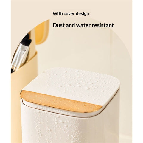 Makeup Brush Holder with Lid,4 Slots Makeup Brush Organizer,Automatic Lifting Makeup Cosmetics Organizer,for Vanity Decor,Bathroom Countertop,Dustproof Cosmetic Brushes Container(Cream yellow)