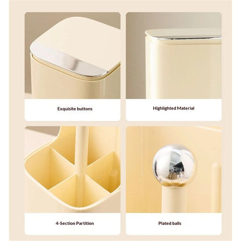 Makeup Brush Holder with Lid,4 Slots Makeup Brush Organizer,Automatic Lifting Makeup Cosmetics Organizer,for Vanity Decor,Bathroom Countertop,Dustproof Cosmetic Brushes Container(Cream yellow)