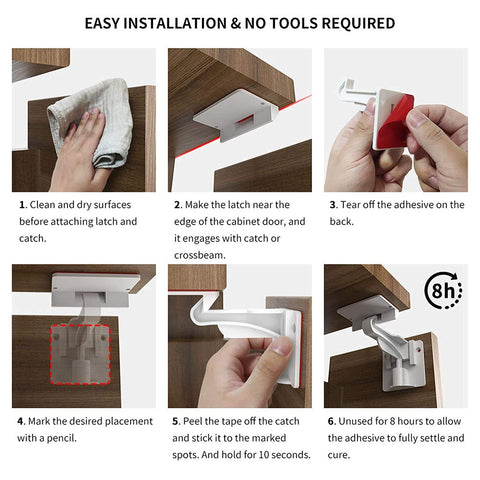 Upgraded Invisible Baby Proofing Cabinet Latch Locks (10 Pack) - No Drilling or Tools Required for Installation, Works with Most Cabinets and Drawers, Works with Countertop Overhangs, Highly Secure