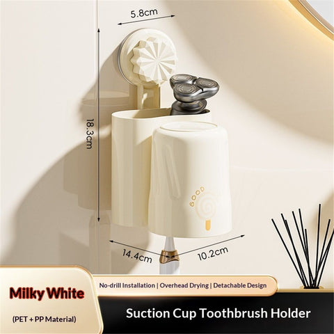 Wall-Mounted Toothbrush and Toothpaste Holder - Self-Draining Design, Easy Installation, Space-Saving, milky white (Single - One Normal Cup)