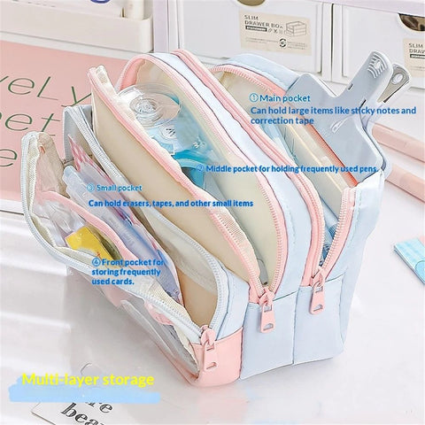 4-Layer Transparent Large Capacity Pencil Case - Aesthetic Style Makeup & Supplies Organizer Pouch (Pink blue)