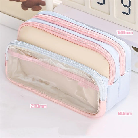 4-Layer Transparent Large Capacity Pencil Case - Aesthetic Style Makeup & Supplies Organizer Pouch (Pink blue)