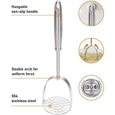Potato Masher, Dual Arc for Easy, Labor-Saving Mashing, 304 Stainless Steel, Sturdy and Durable One-Piece Potato Press, Dishwasher Safe, for Potatoes and More