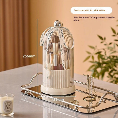 Makeup Brush Holder with Lid Cosmetic Tools Organizer 360 Rotating Waterproof Dustproof Makeup Brushes Storage for Vanity, milky white