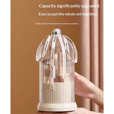 Makeup Brush Holder with Lid Cosmetic Tools Organizer 360 Rotating Waterproof Dustproof Makeup Brushes Storage for Vanity, milky white