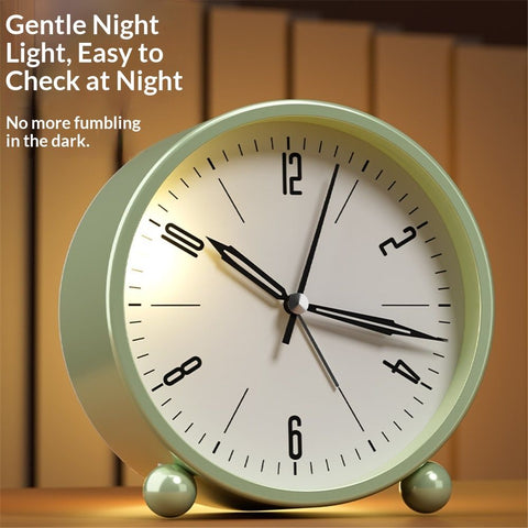 Nightlight Alarm Clock 4.5" Round Silent Alarm Clock Bedside Desk Non-Ticking Travel Clock Battery Operated Green(Battery Include)
