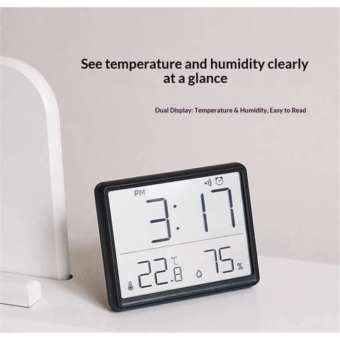 Smart Digital Alarm Clock, w/Magnetic Attraction, Indoor Temperature Humidity, HD Screen Hour Date, Battery Operated -Black