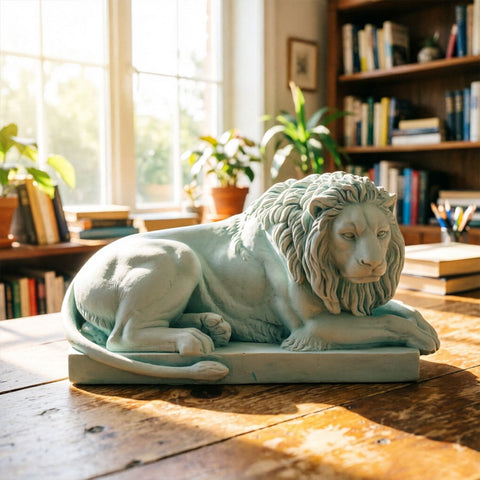 Classic Reclining Lion Sculpture Minimalist Green Plaster Desk Ornament for Living Room, Study, or Office Decoration