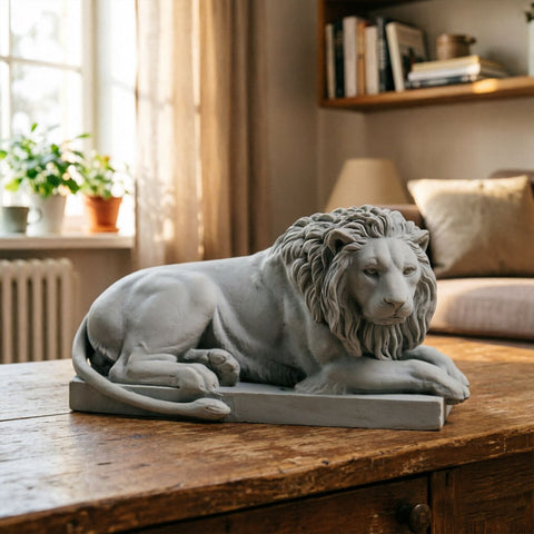 Classic Reclining Lion Sculpture Minimalist Grey Plaster Desk Ornament for Living Room, Study, or Office Decoration