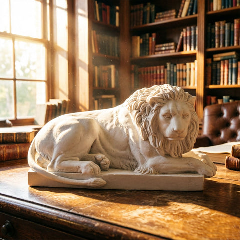 Classic Reclining Lion Sculpture Minimalist White Plaster Desk Ornament for Living Room, Study, or Office Decoration