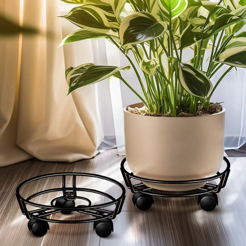 Black Round Movable Plant Caddy with Wheels