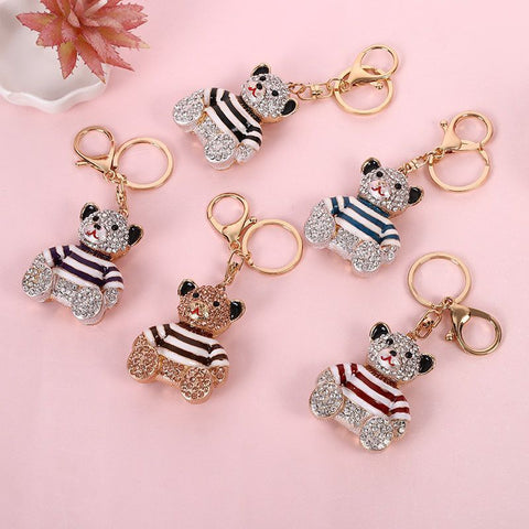 Black Stripe Crystal Bear Keychain Cute Alloy Keyring Gift 2-Pack