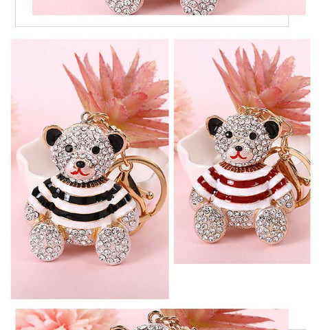 Black Stripe Crystal Bear Keychain Cute Alloy Keyring Gift 2-Pack