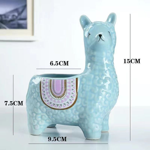 Blue Ceramic Planter with Head Tilted Alpaca