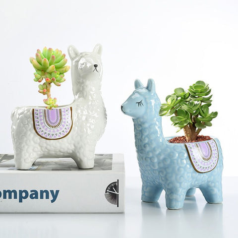 Blue Ceramic Planter with Head Tilted Alpaca