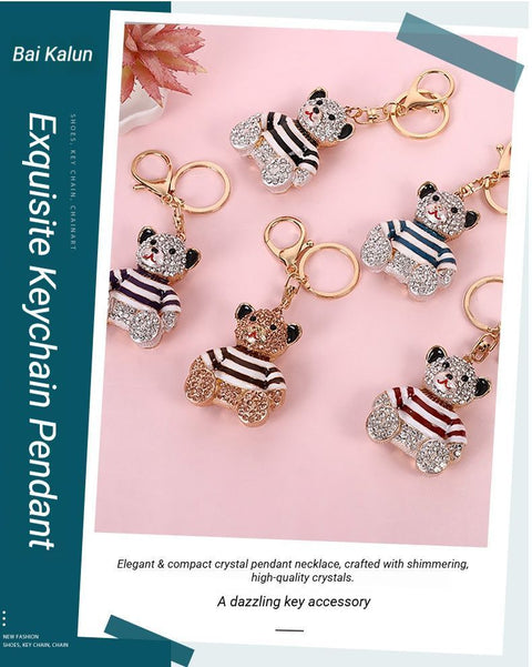 Blue Stripe Crystal Bear Keychain Cute Alloy Keyring Gift 2-Pack
