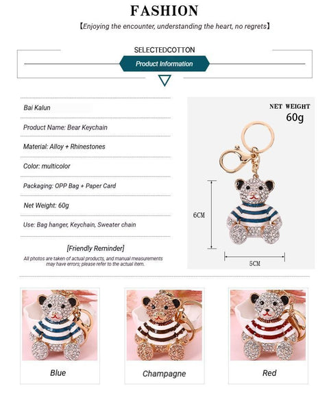 Blue Stripe Crystal Bear Keychain Cute Alloy Keyring Gift 2-Pack