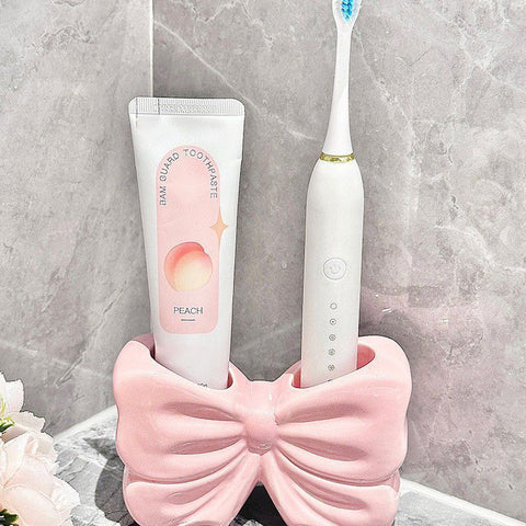 Bowknot Double‑Slot Toothbrush Storage Holder - Pink