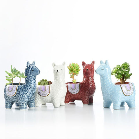 Red Ceramic Planter with Head Tilted Alpaca