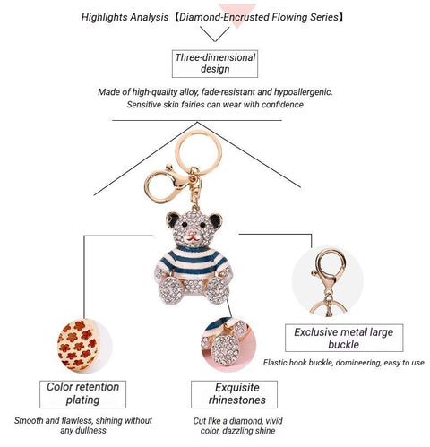 Red Stripe Crystal Bear Keychain Cute Alloy Keyring Gift 2-Pack