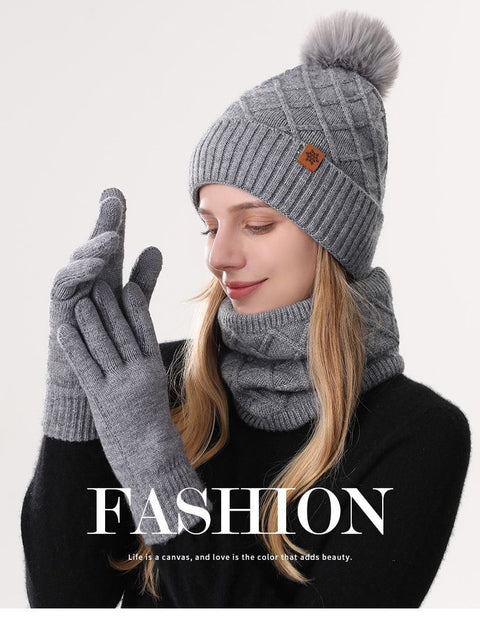 Women Gray Argyle 3-Piece Set-Hat Scarf and Gloves