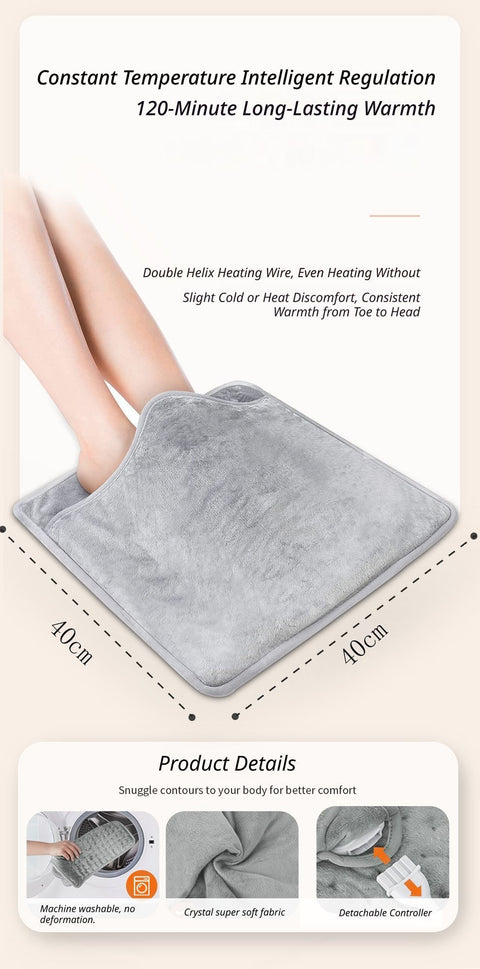 Electric Foot Warmer Mat, Silver Grey Double-Sided Heating Foot Blanket with 6 Temperature Settings and Even Heating