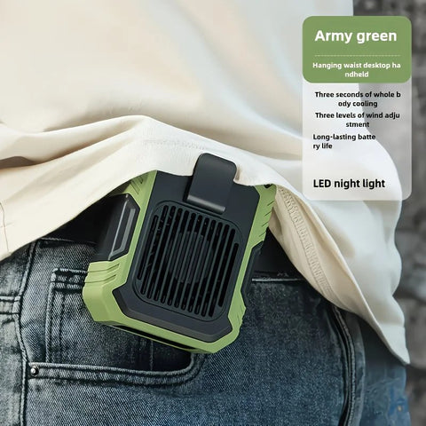 Wall-mounted USB rechargeable dual-purpose fan, integrating rapid cooling, dehumidification, and lighting functions. Features three-speed wind adjustment, can be worn on the waist via a hanging strap,Orange