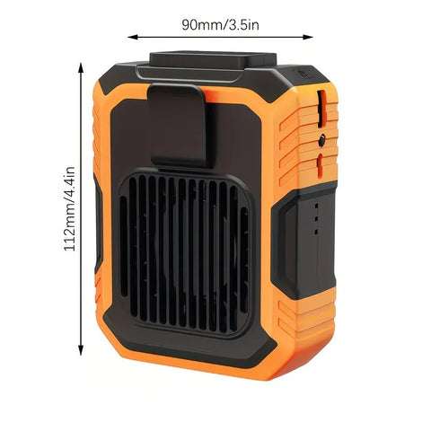 Wall-mounted USB rechargeable dual-purpose fan, integrating rapid cooling, dehumidification, and lighting functions. Features three-speed wind adjustment, can be worn on the waist via a hanging strap,Orange