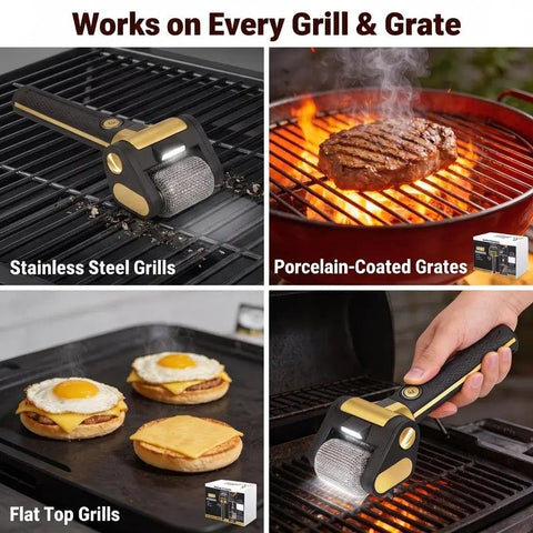 LED-lit electric barbecue brush, rechargeable rotating cleaning, instantly cleans the grill after backyard BBQ, lazy cleaning essential.(gold)