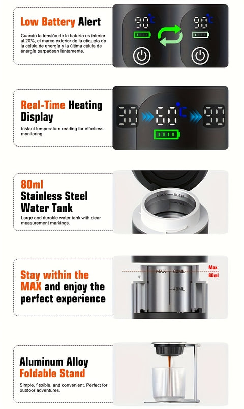 Portable 20Bar High - Pressure Extraction Coffee Machine, 80ml Stainless Steel Water Tank + Foldable Stand, Low - Battery Alert & Real - Time Temperature Control, Enjoy Barista - Quality Coffee on the Go, at Office or While Driving。black